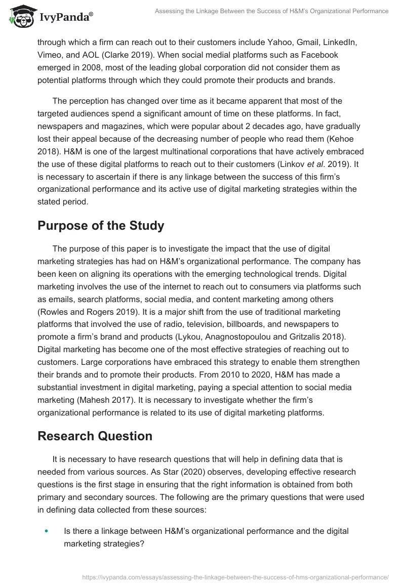 Assessing the Linkage Between the Success of H&M’s Organizational Performance. Page 2