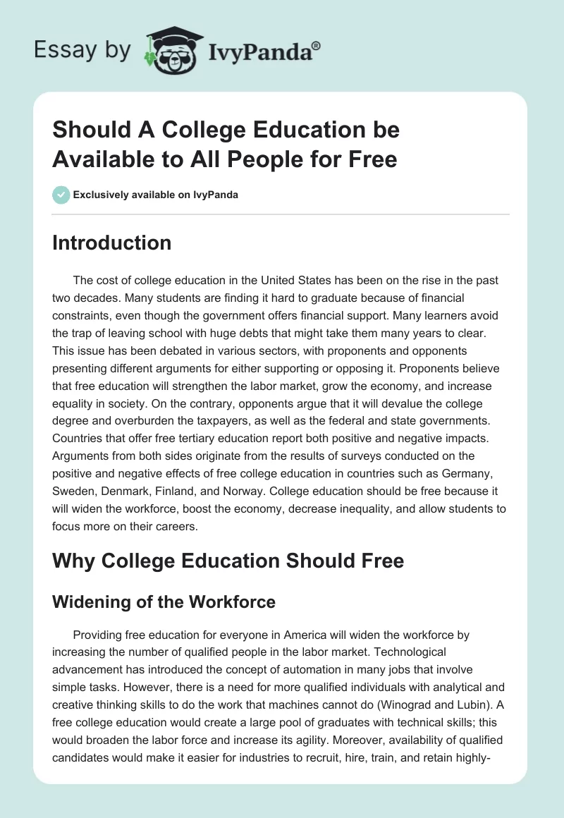 Should a College Education Be Available to All People for Free?. Page 1