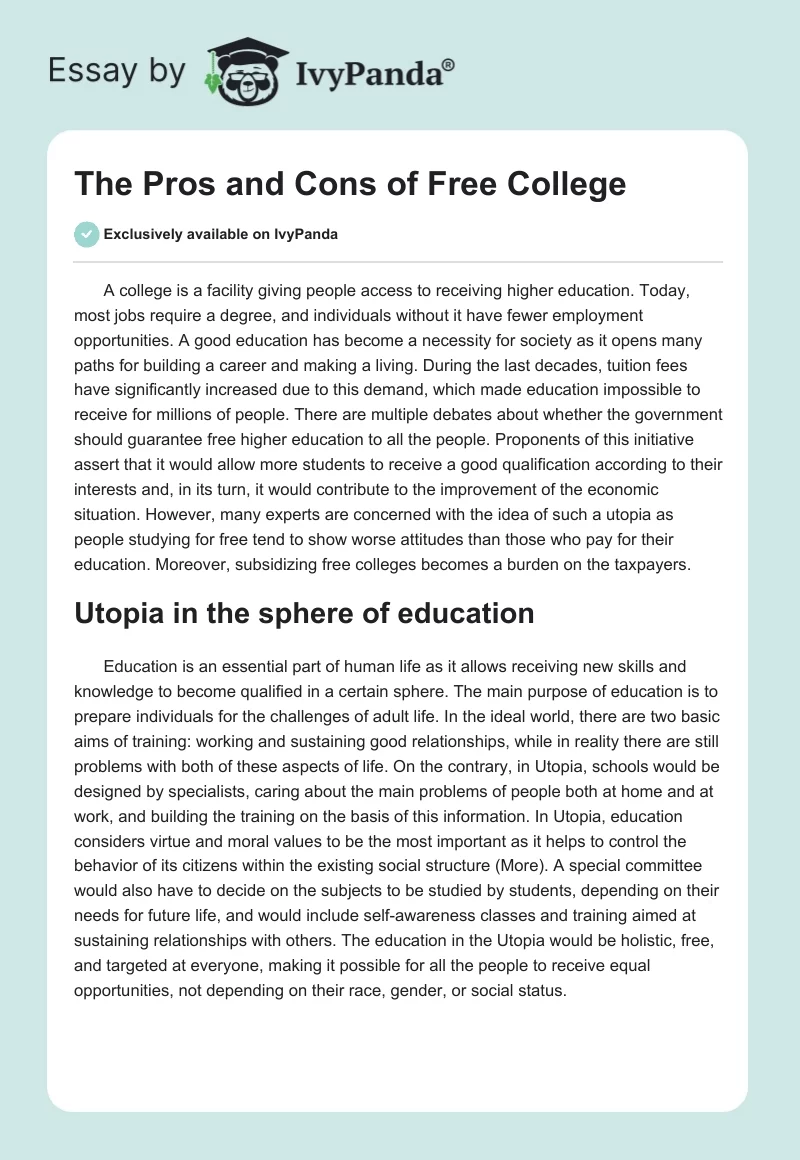 The Pros and Cons of Free College. Page 1