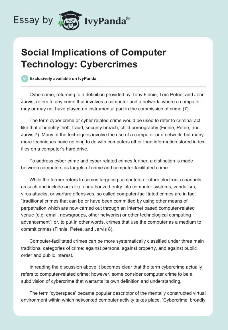 Social Implications of Computer Technology: Cybercrimes. Page 1
