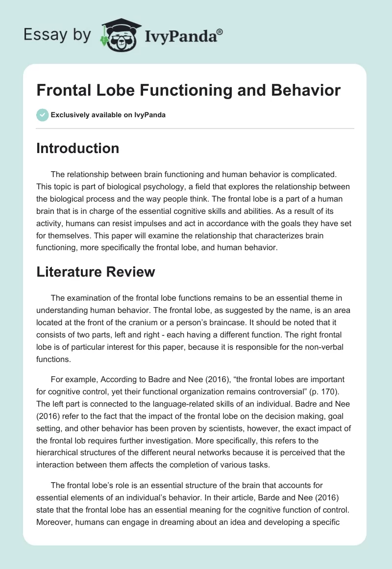 Frontal Lobe Functioning and Behavior. Page 1