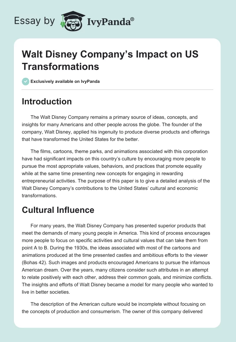 Walt Disney Company’s Impact on US Transformations. Page 1