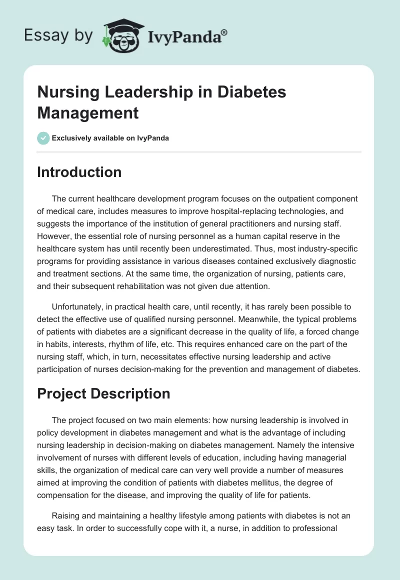 Nursing Leadership in Diabetes Management. Page 1