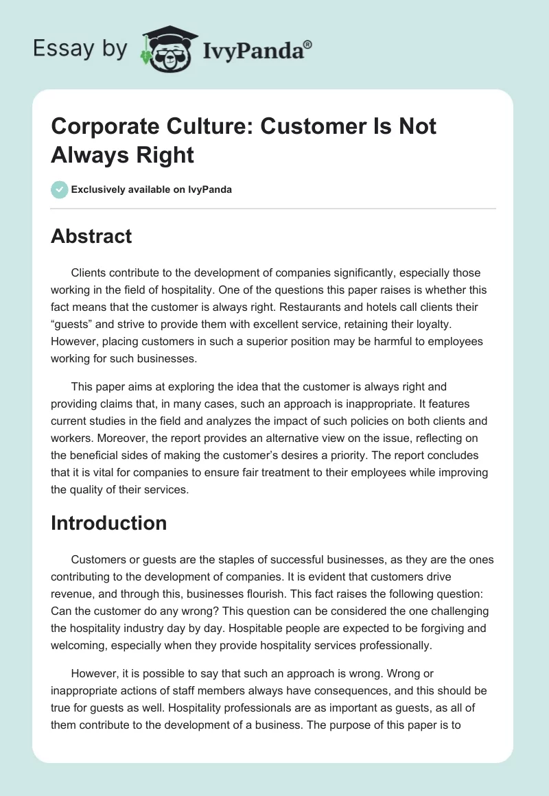 Corporate Culture: Customer Is Not Always Right. Page 1