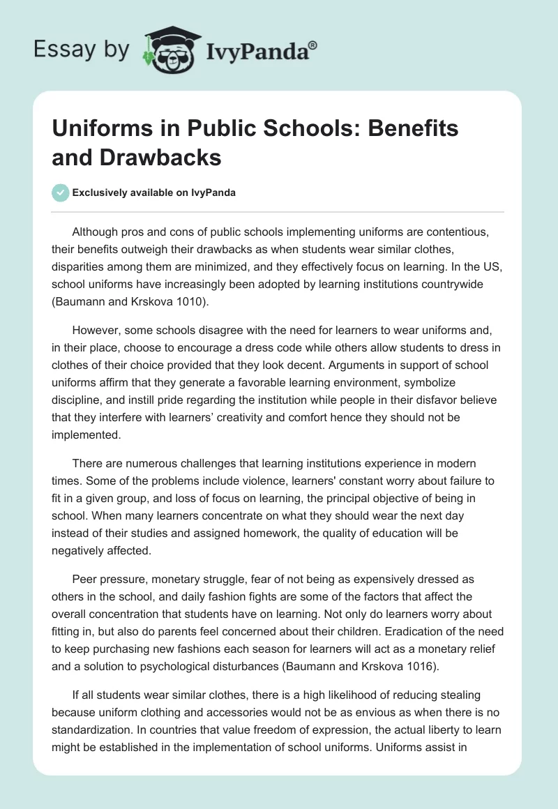 Uniforms in Public Schools: Benefits and Drawbacks. Page 1