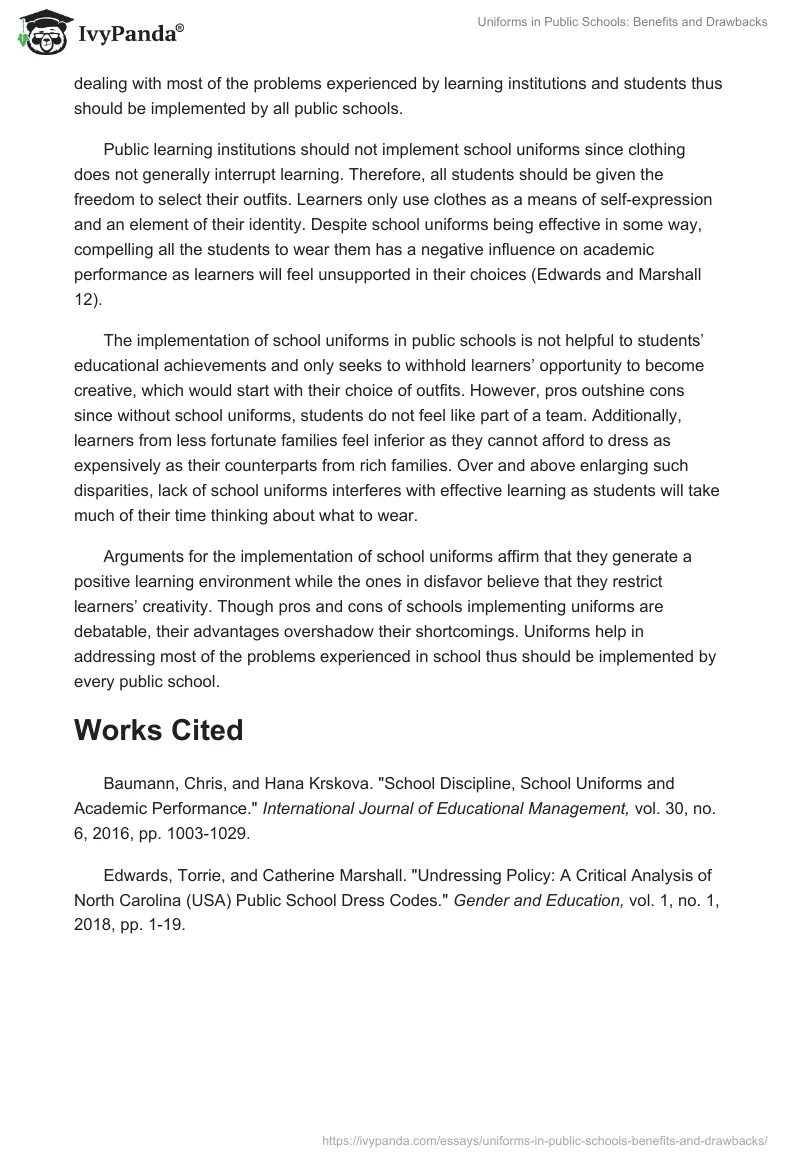 Uniforms in Public Schools: Benefits and Drawbacks. Page 2