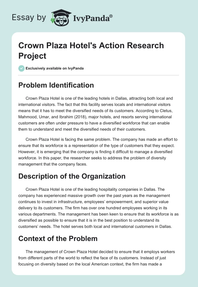 Crown Plaza Hotel's Action Research Project. Page 1