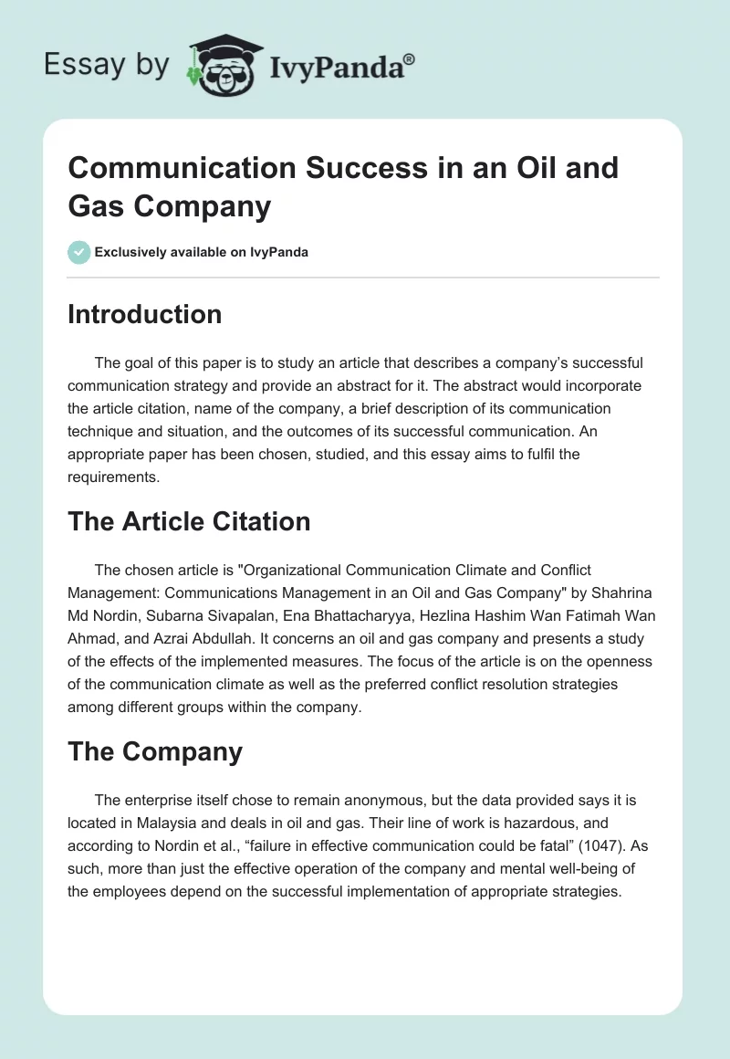 Communication Success in an Oil and Gas Company. Page 1