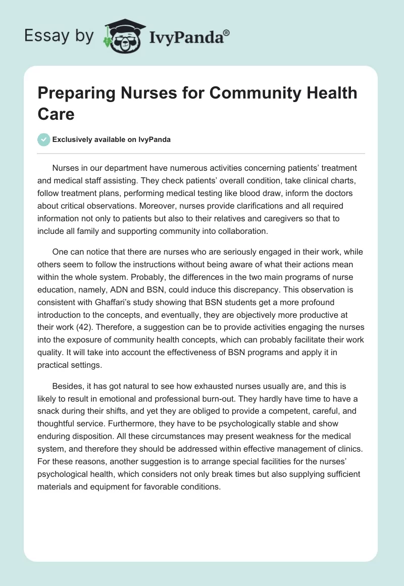 Preparing Nurses for Community Health Care. Page 1