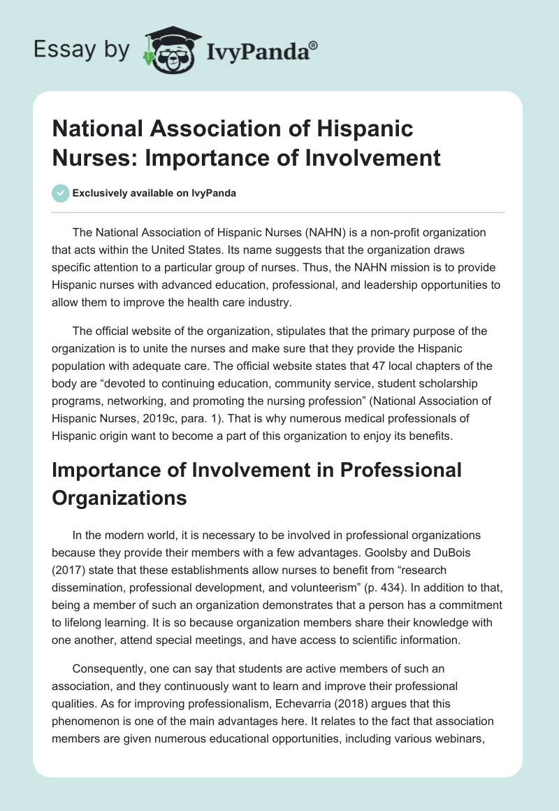 National Association of Hispanic Nurses: Importance of Involvement. Page 1