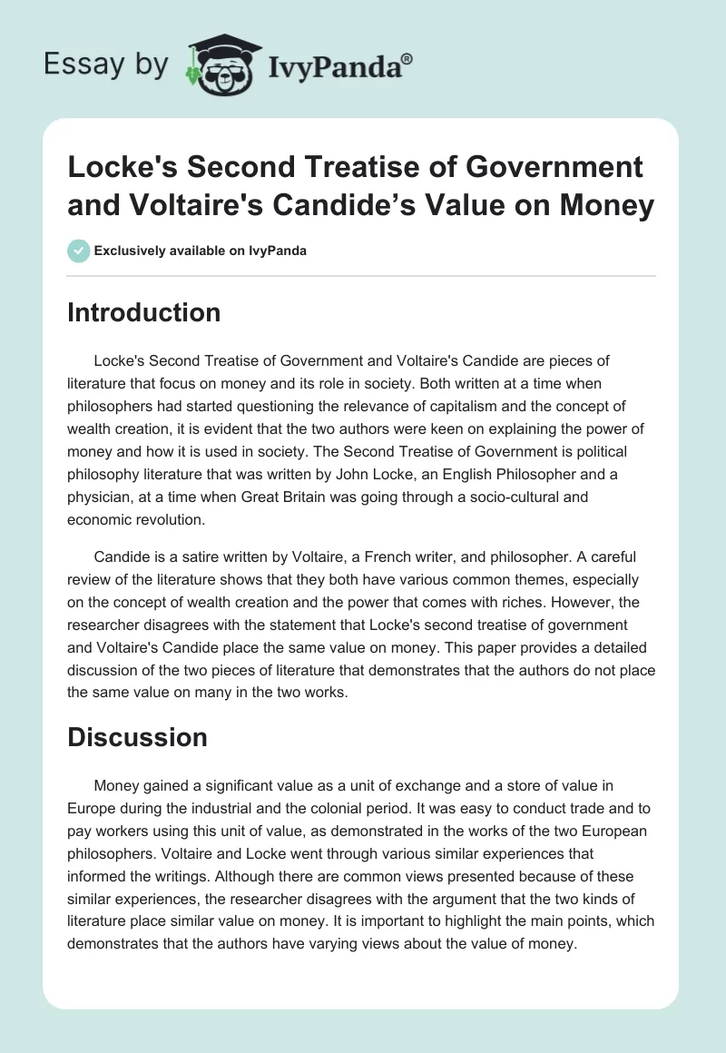 Locke's Second Treatise of Government and Voltaire's Candide’s Value on Money. Page 1