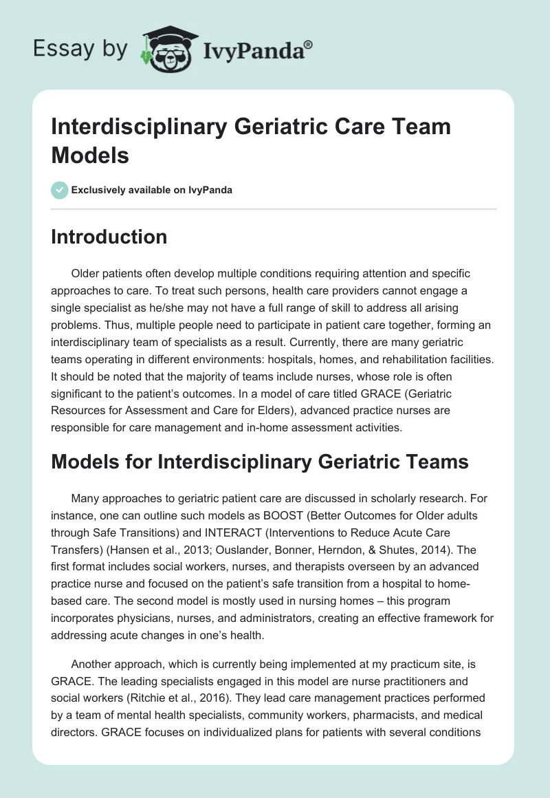 Interdisciplinary Geriatric Care Team Models. Page 1