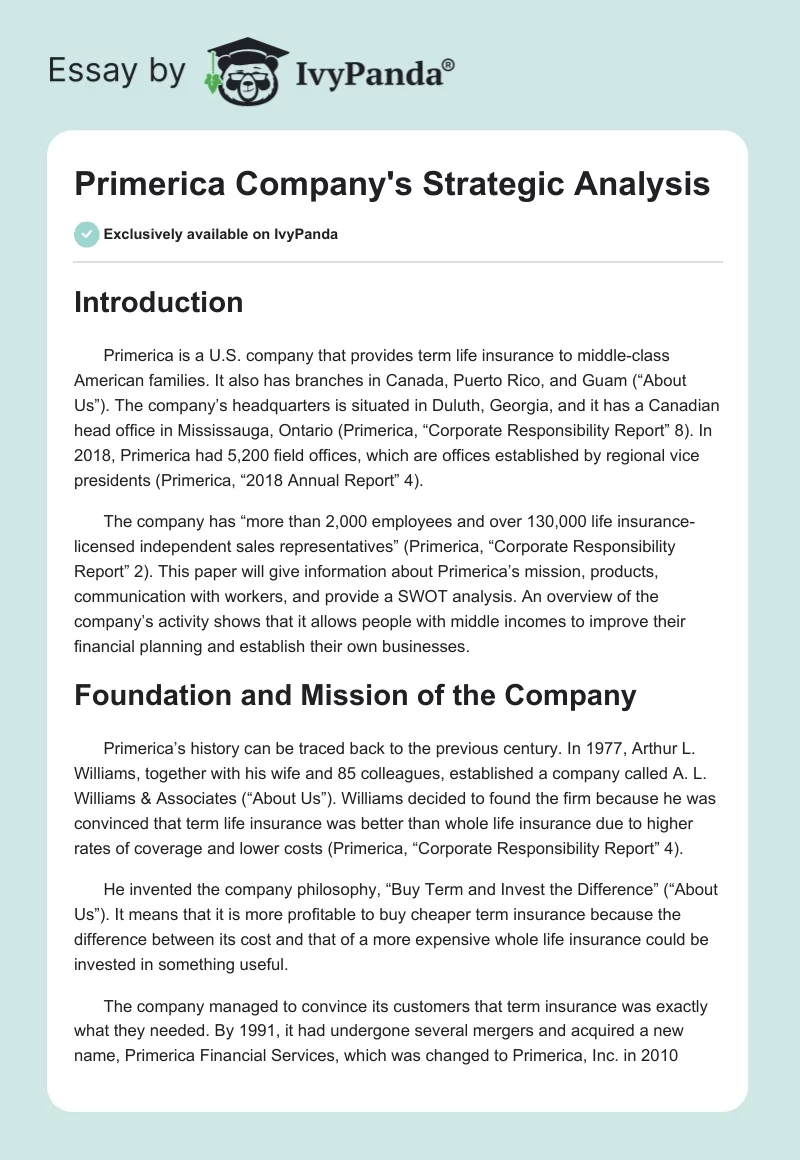 Primerica Company's Strategic Analysis. Page 1
