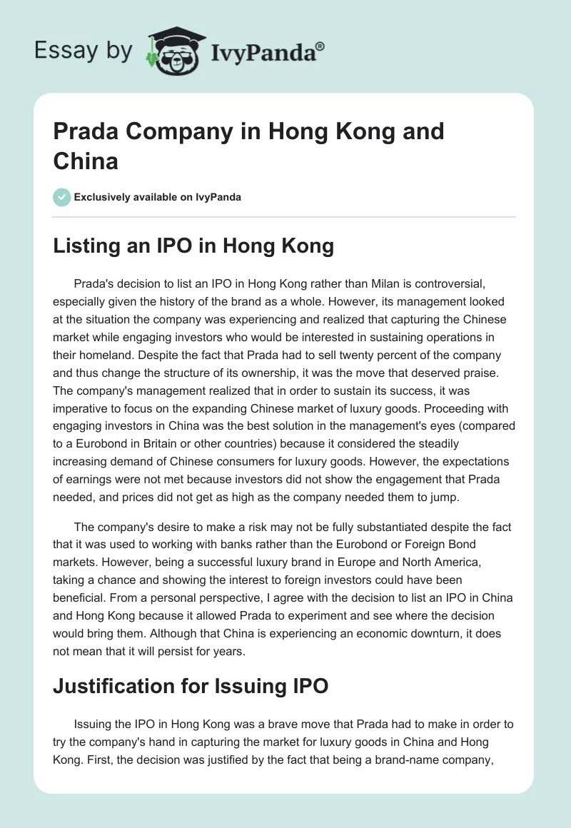 Prada Company in Hong Kong and China. Page 1