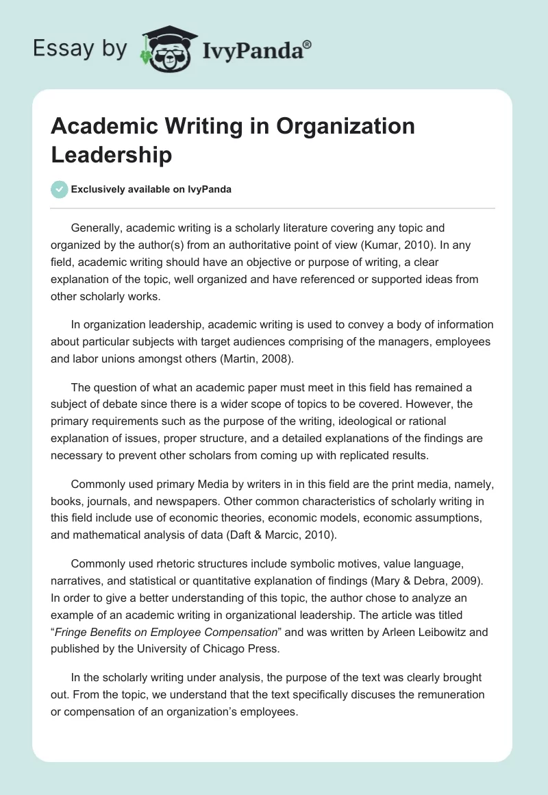 Academic Writing in Organization Leadership. Page 1