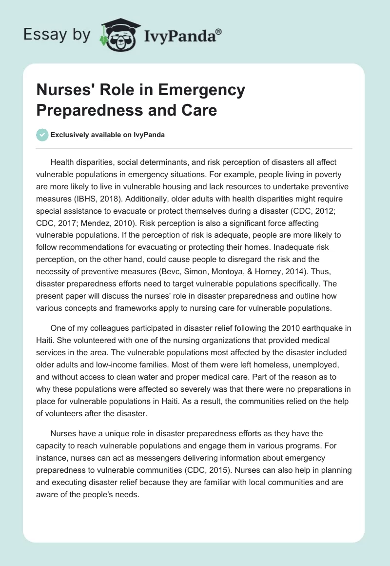 Nurses' Role in Emergency Preparedness and Care. Page 1
