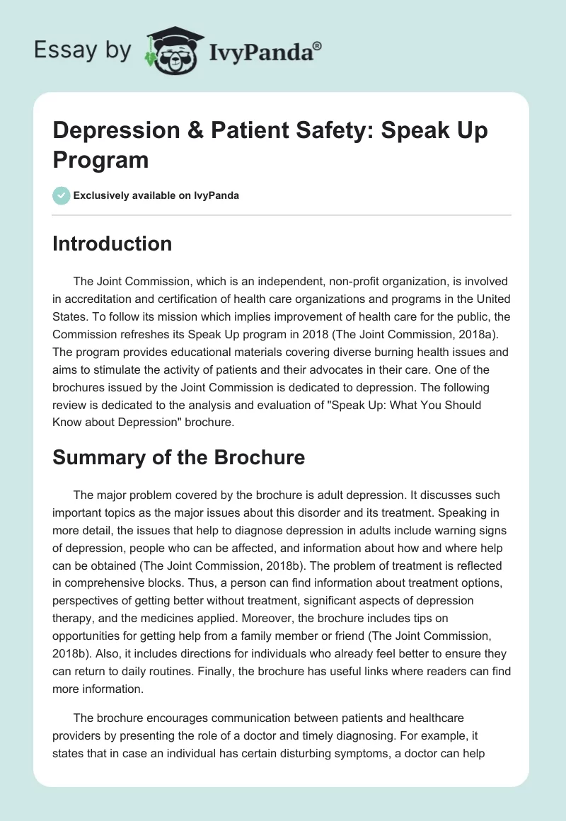 Depression & Patient Safety: Speak Up Program. Page 1