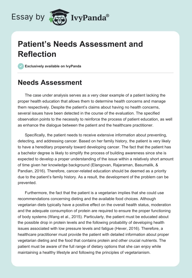 Patient’s Needs Assessment and Reflection. Page 1