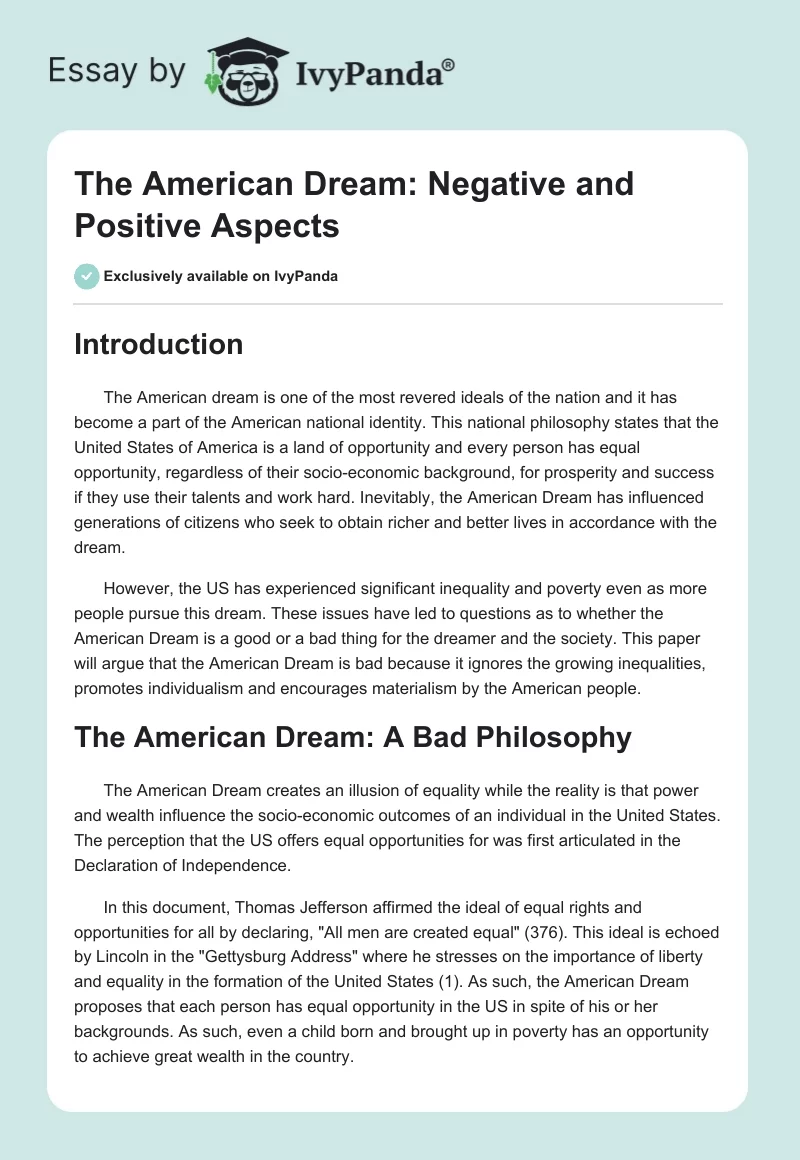 Essay on the American Dream: Positive and Negative Aspects. Page 1