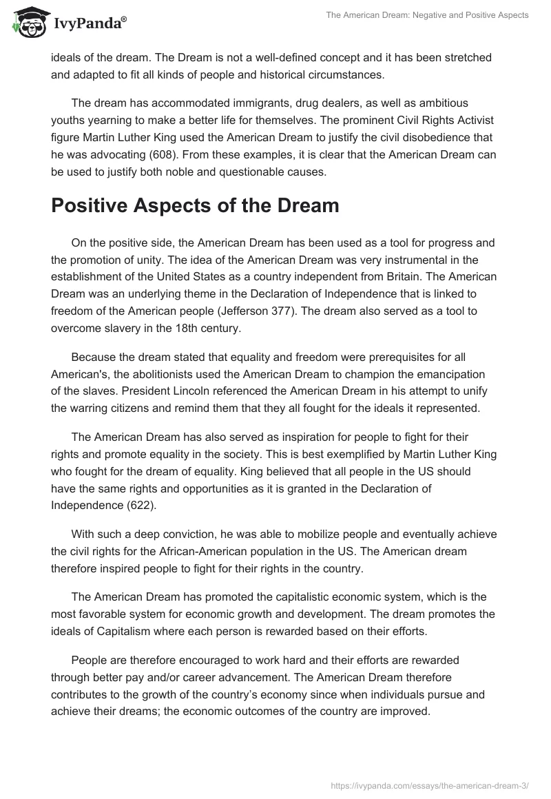Essay on the American Dream: Positive and Negative Aspects. Page 3