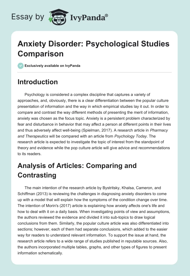 Anxiety Disorder: Psychological Studies Comparison. Page 1