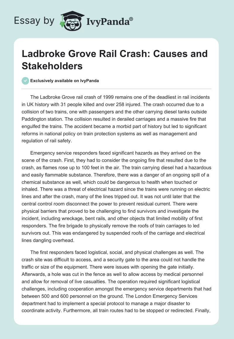 Ladbroke Grove Rail Crash: Causes and Stakeholders. Page 1
