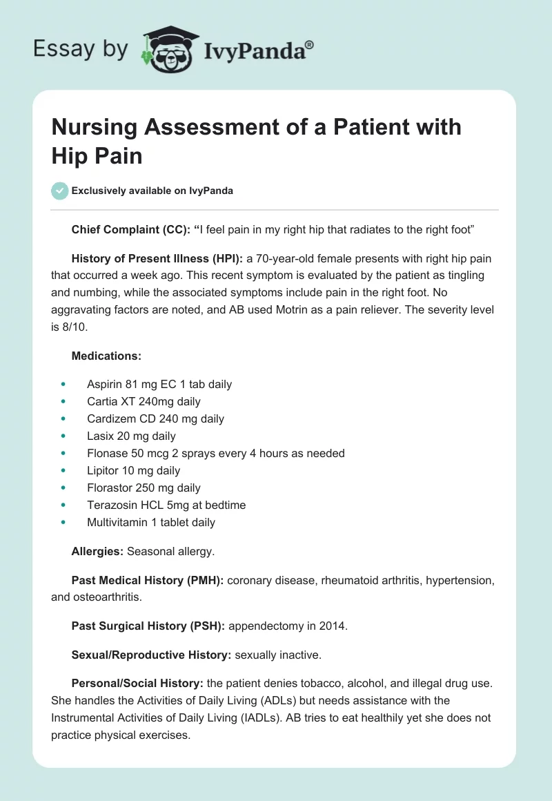 Nursing Assessment of a Patient with Hip Pain. Page 1