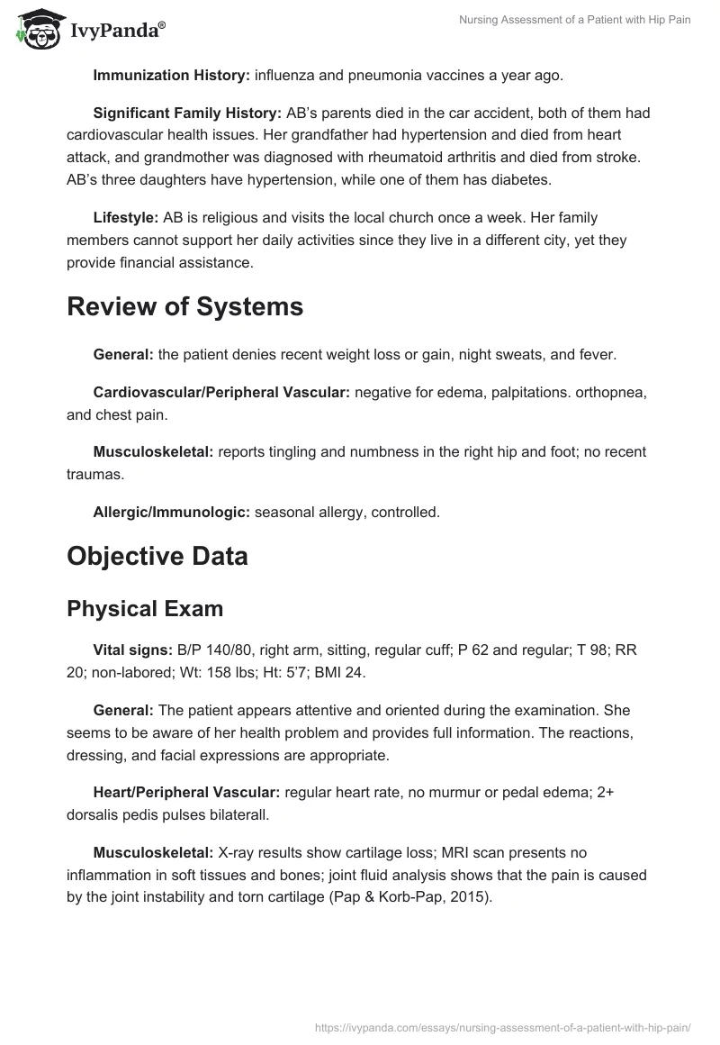 Nursing Assessment of a Patient with Hip Pain. Page 2