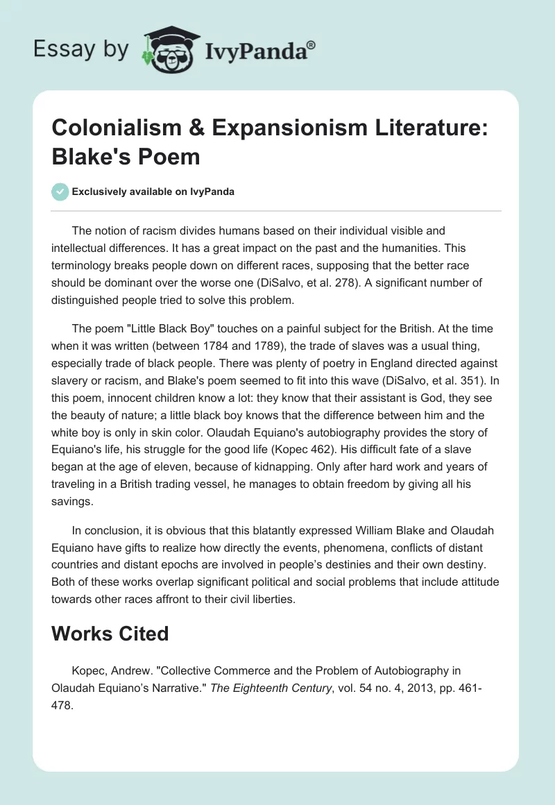 Colonialism & Expansionism Literature: Blake's Poem. Page 1