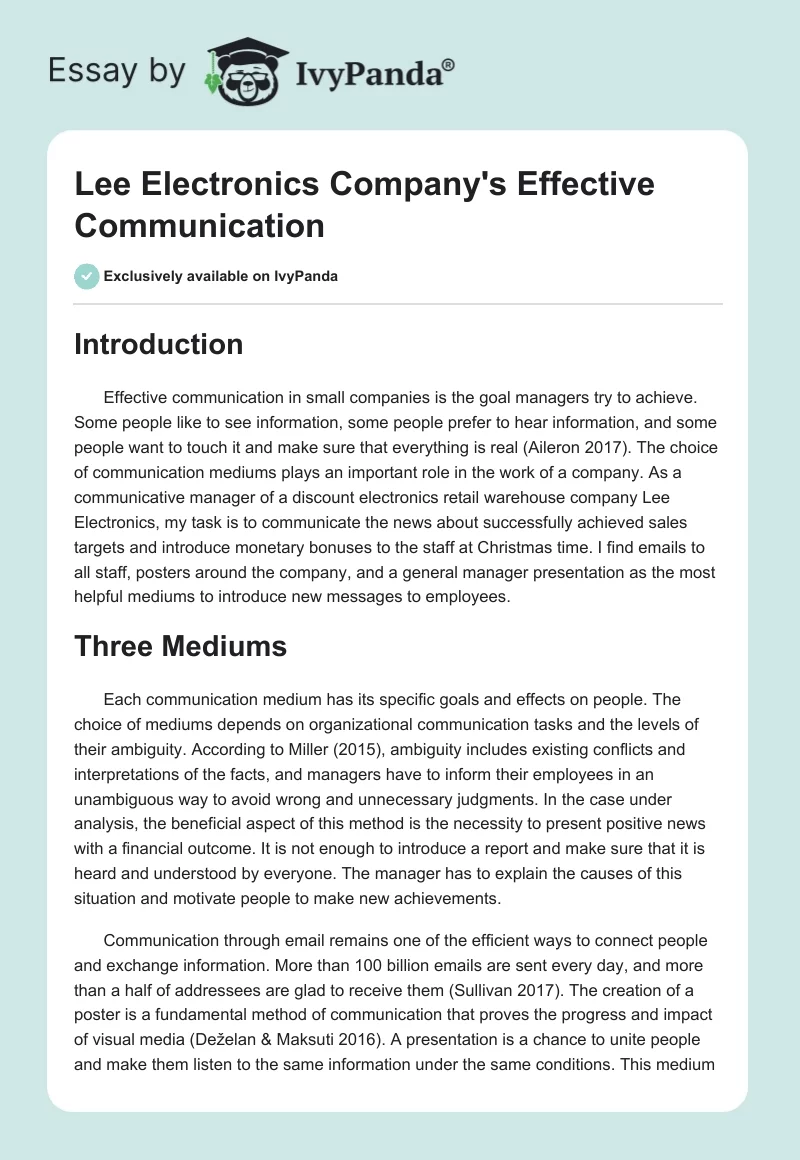Lee Electronics Company's Effective Communication. Page 1