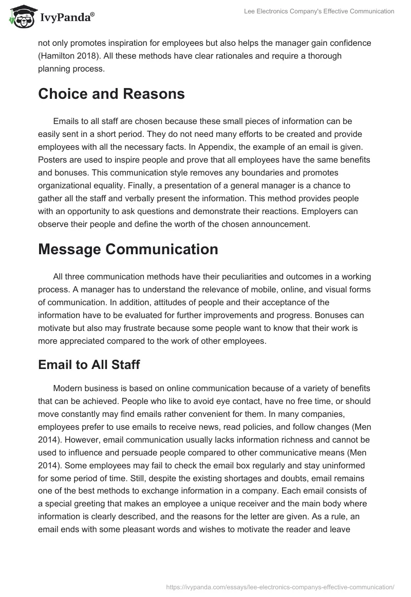 Lee Electronics Company's Effective Communication. Page 2