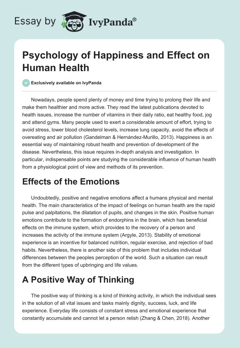 Psychology of Happiness and Effect on Human Health. Page 1