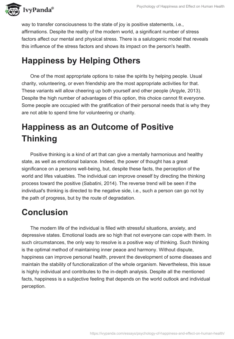 Psychology of Happiness and Effect on Human Health. Page 2