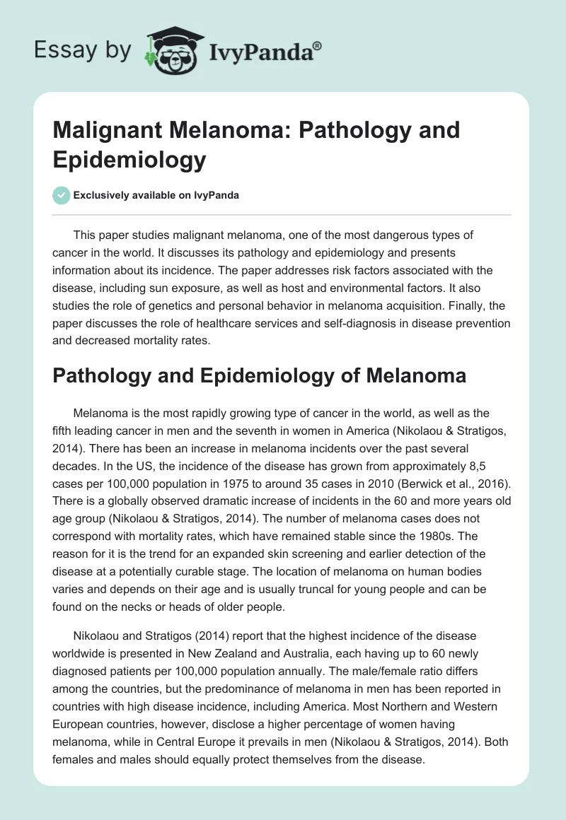 Malignant Melanoma: Pathology and Epidemiology. Page 1