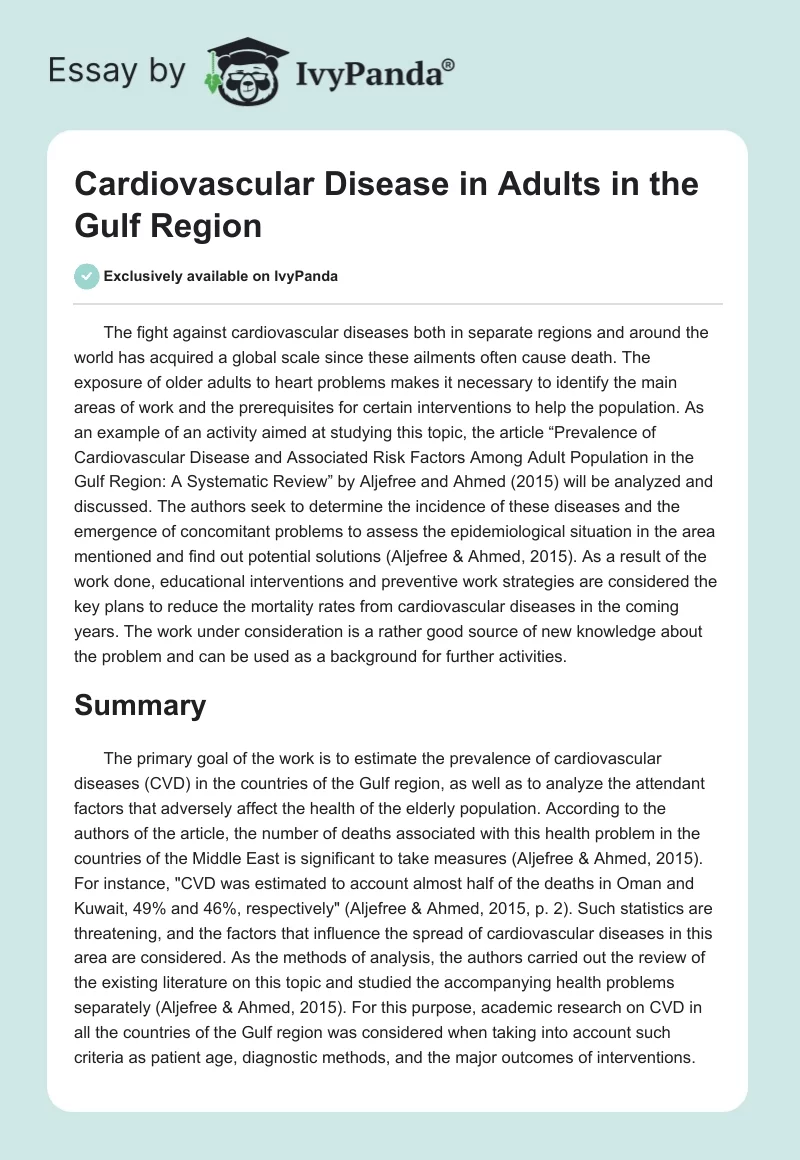 Cardiovascular Disease in Adults in the Gulf Region. Page 1