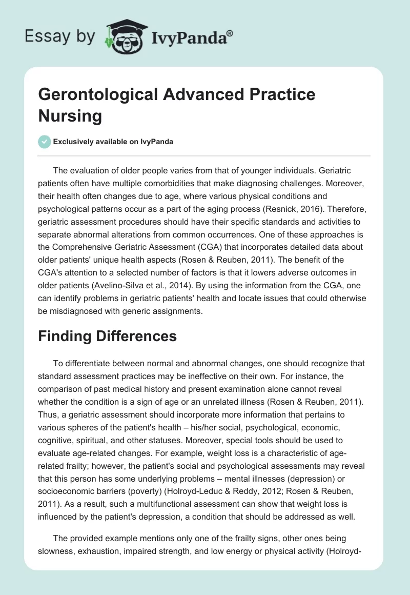 Gerontological Advanced Practice Nursing 553 Words Essay Example
