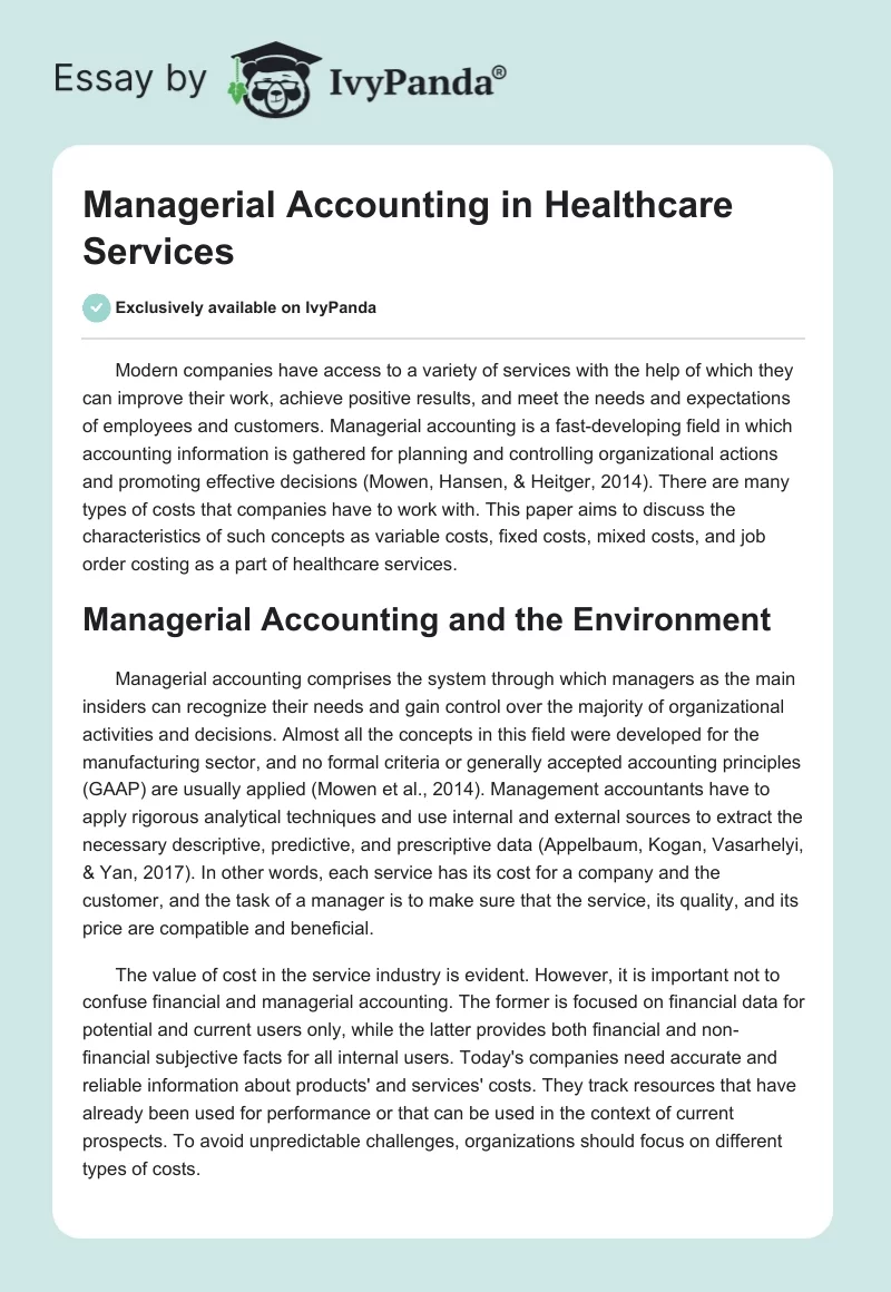 Managerial Accounting in Healthcare Services. Page 1