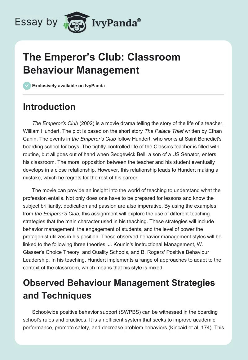 The Emperor’s Club: Classroom Behaviour Management. Page 1