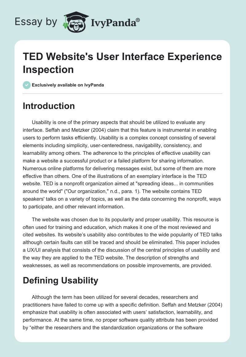 TED Website's User Interface Experience Inspection. Page 1