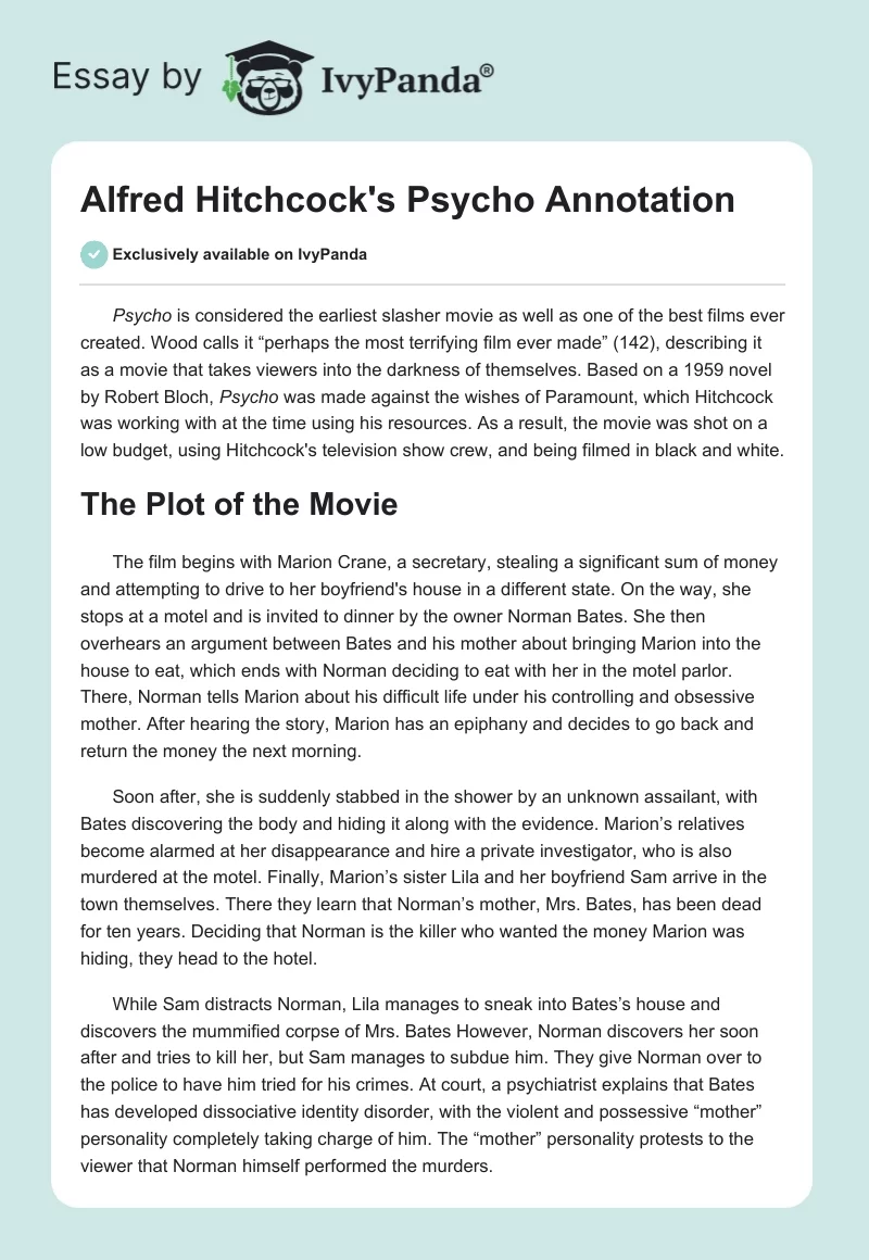 Alfred Hitchcock's "Psycho" Annotation. Page 1