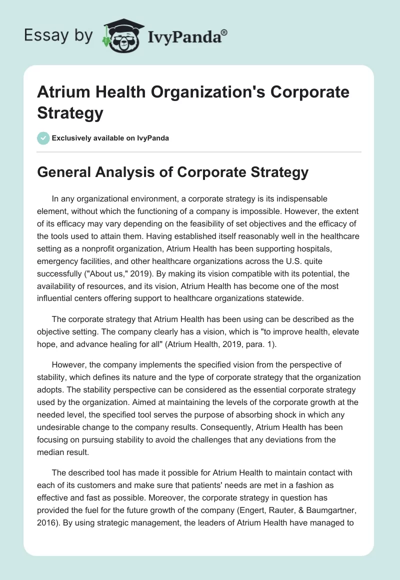 Atrium Health Organization's Corporate Strategy. Page 1
