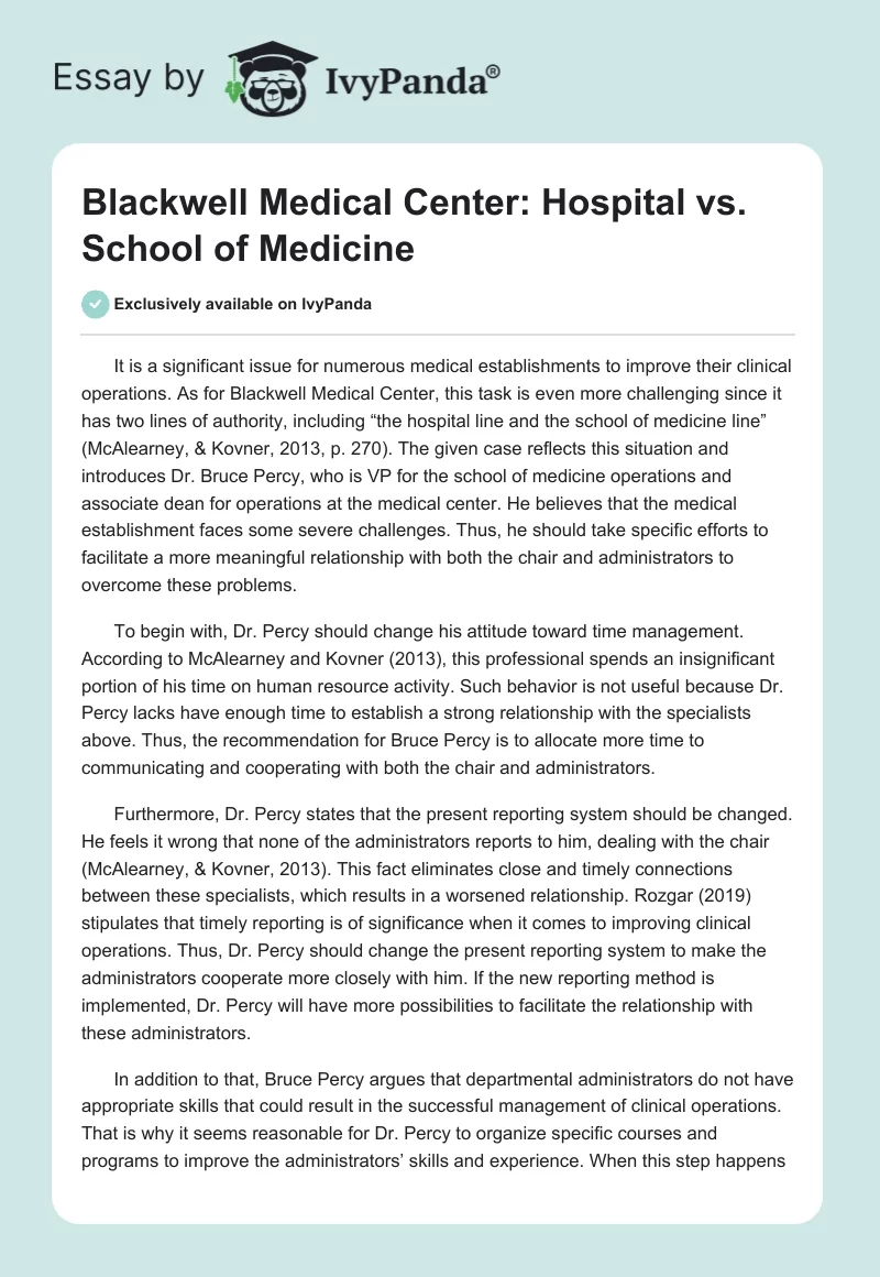 Blackwell Medical Center: Hospital vs. School of Medicine. Page 1