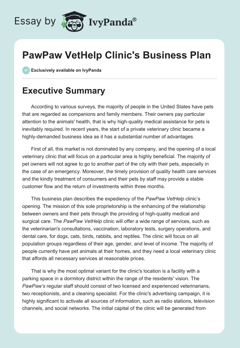 PawPaw VetHelp Clinic's Business Plan. Page 1