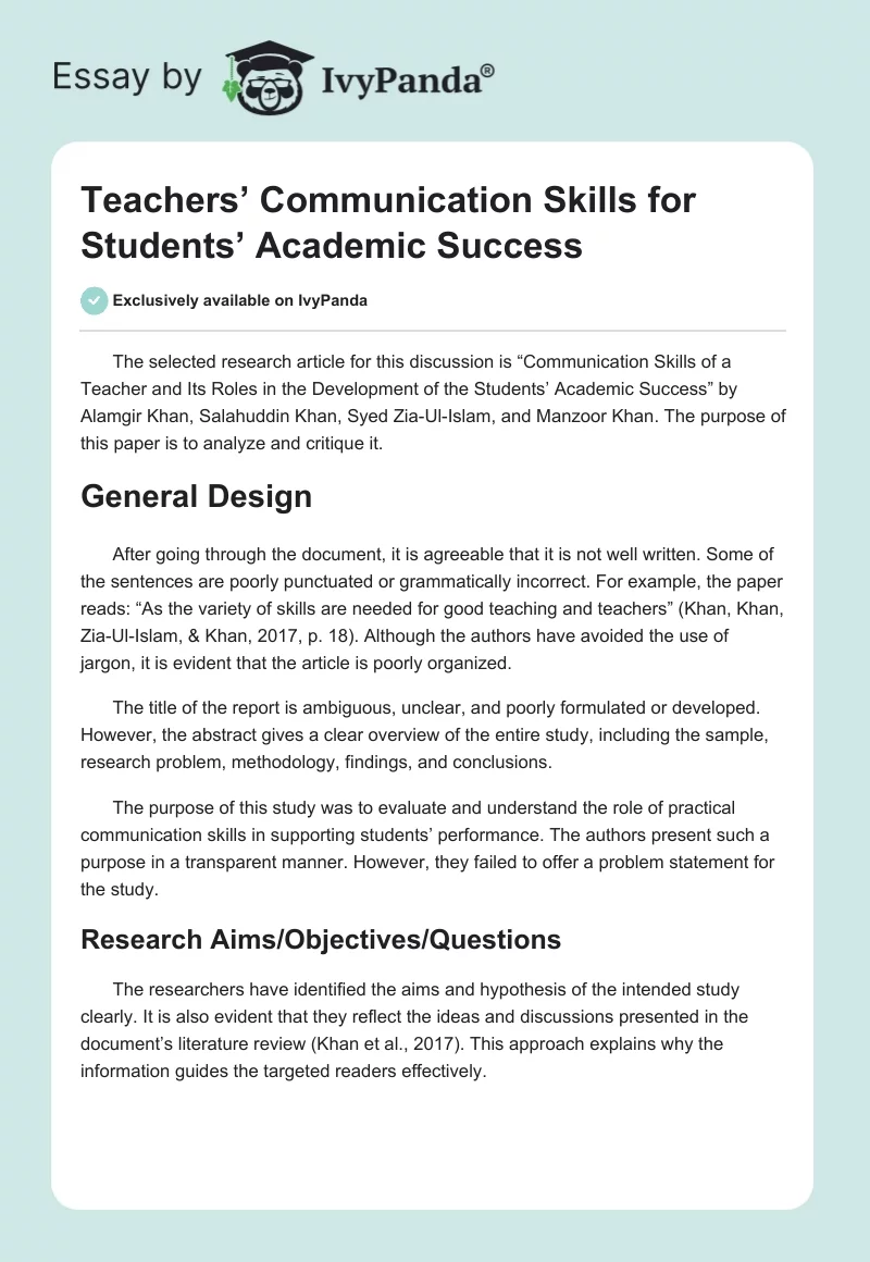 Teachers’ Communication Skills for Students’ Academic Success. Page 1