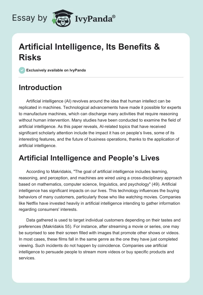 Artificial Intelligence, Its Benefits & Risks. Page 1
