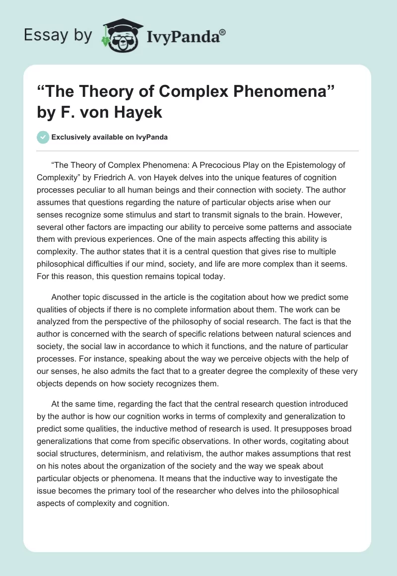“The Theory of Complex Phenomena” by F. von Hayek. Page 1