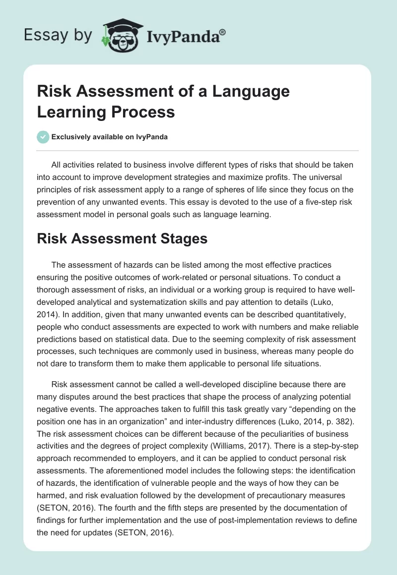 Risk Assessment of a Language Learning Process. Page 1