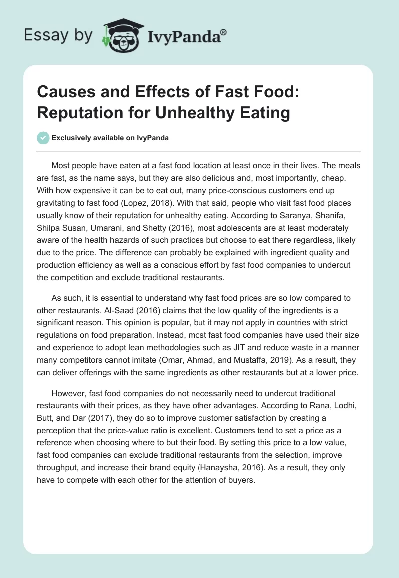 Causes and Effects of Fast Food: Reputation for Unhealthy Eating. Page 1
