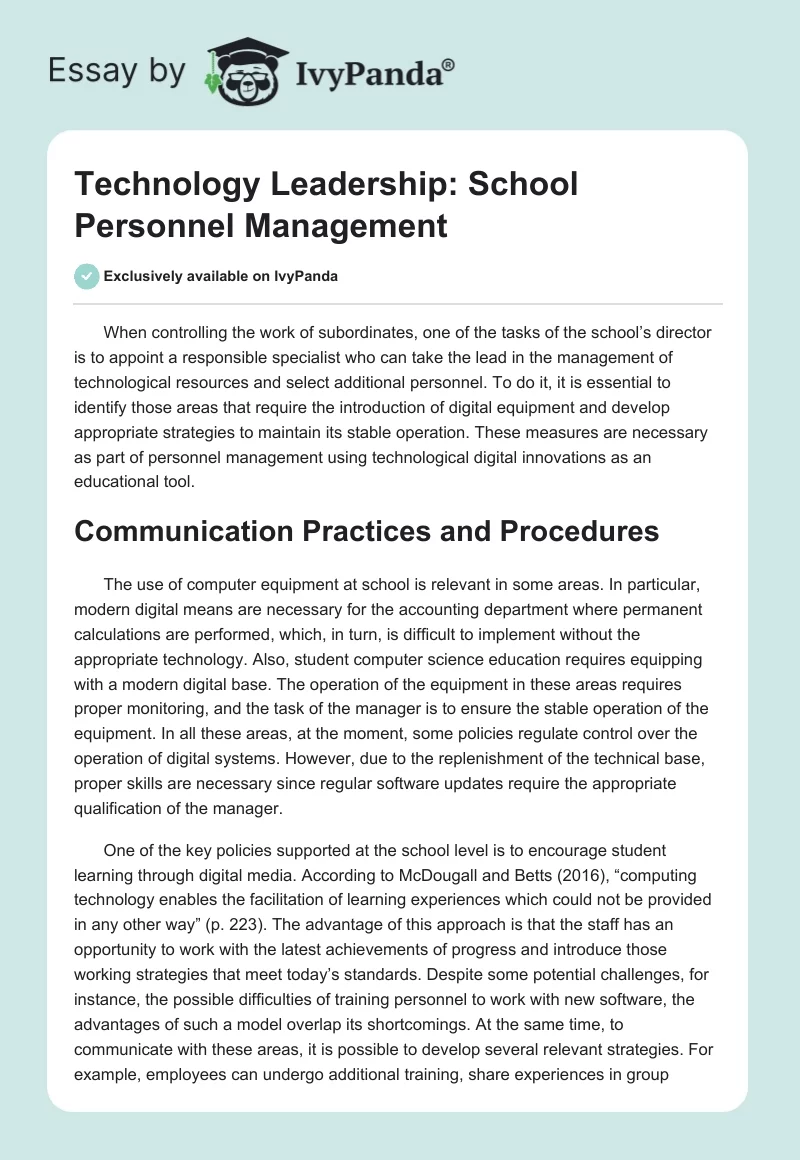 Technology Leadership: School Personnel Management. Page 1