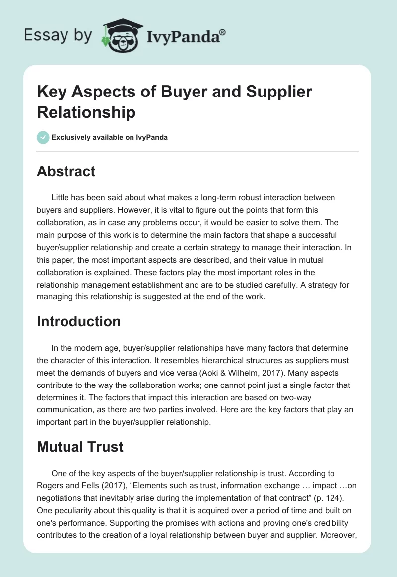 Key Aspects of Buyer and Supplier Relationship. Page 1